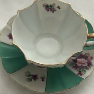 Vintage tea cup saucer hand painted Japan green